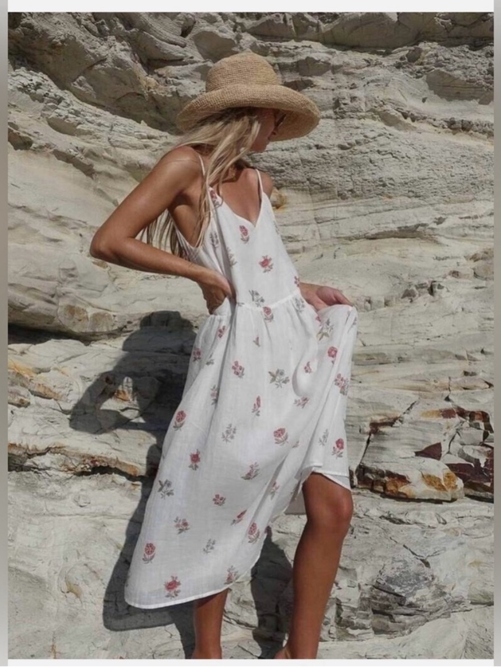 White Floral Spaghetti-Strap Midi Dress